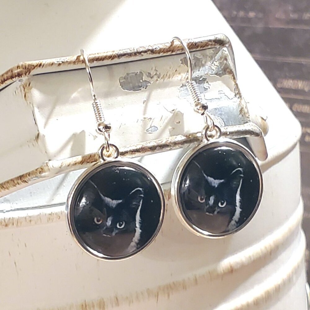 Black Cat Night Sky Silver Plated Glass Cabochon Kitty Kitten Dangle Earrings